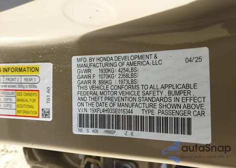 2025 Honda Civic Hybrid Sport Touring z USA, uszkodzony, nr VIN 19XFL4H93SE016344